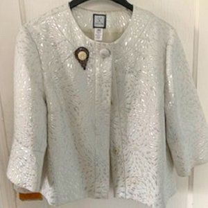 Sara Campbell SC Jacquard Jacket Blazer Cropped White Silver Metallic Sz: XL